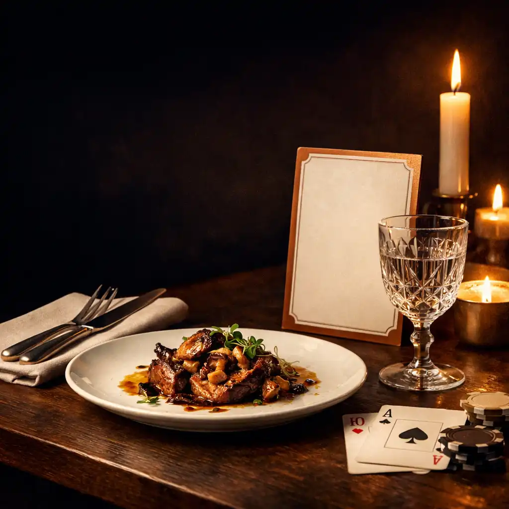 Nakryty stół z daniem, szkłem i kartami w restauracyjnej oprawie wieczoru