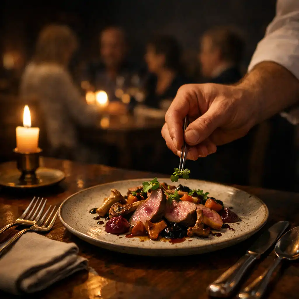 Kucharz kończący serwis eleganckiego dania przy ciemnym restauracyjnym stole