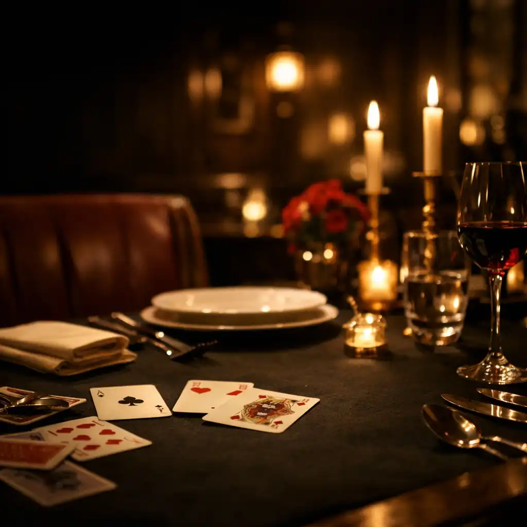 Wieczorny stół w eleganckiej restauracji przygotowany do kolacji i rekreacyjnej oprawy przy kartach.