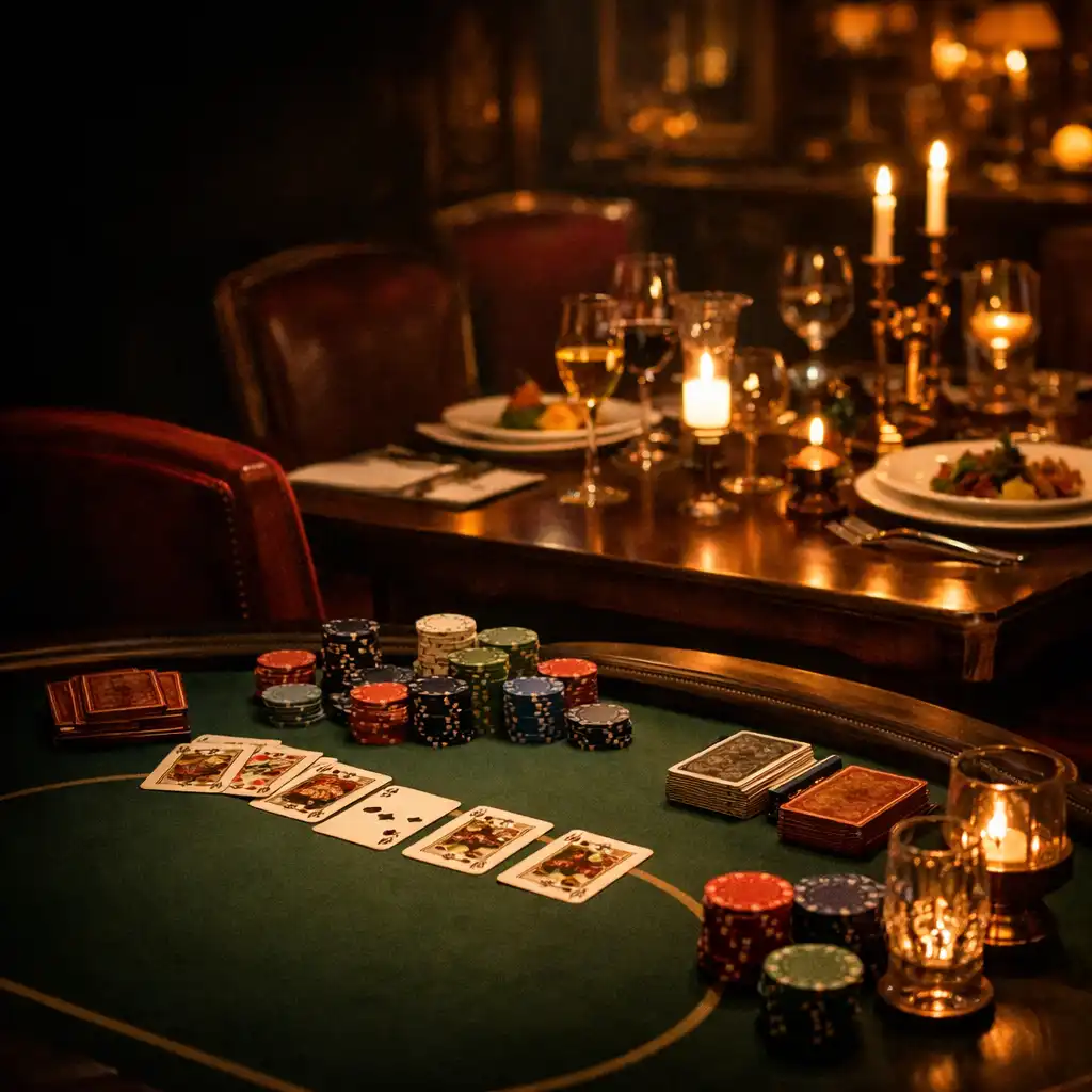 Elegancko nakryty stół do rekreacyjnego wieczoru pokerowego w restauracji Lala Hungary Korlátolt Felelősségű Társaság