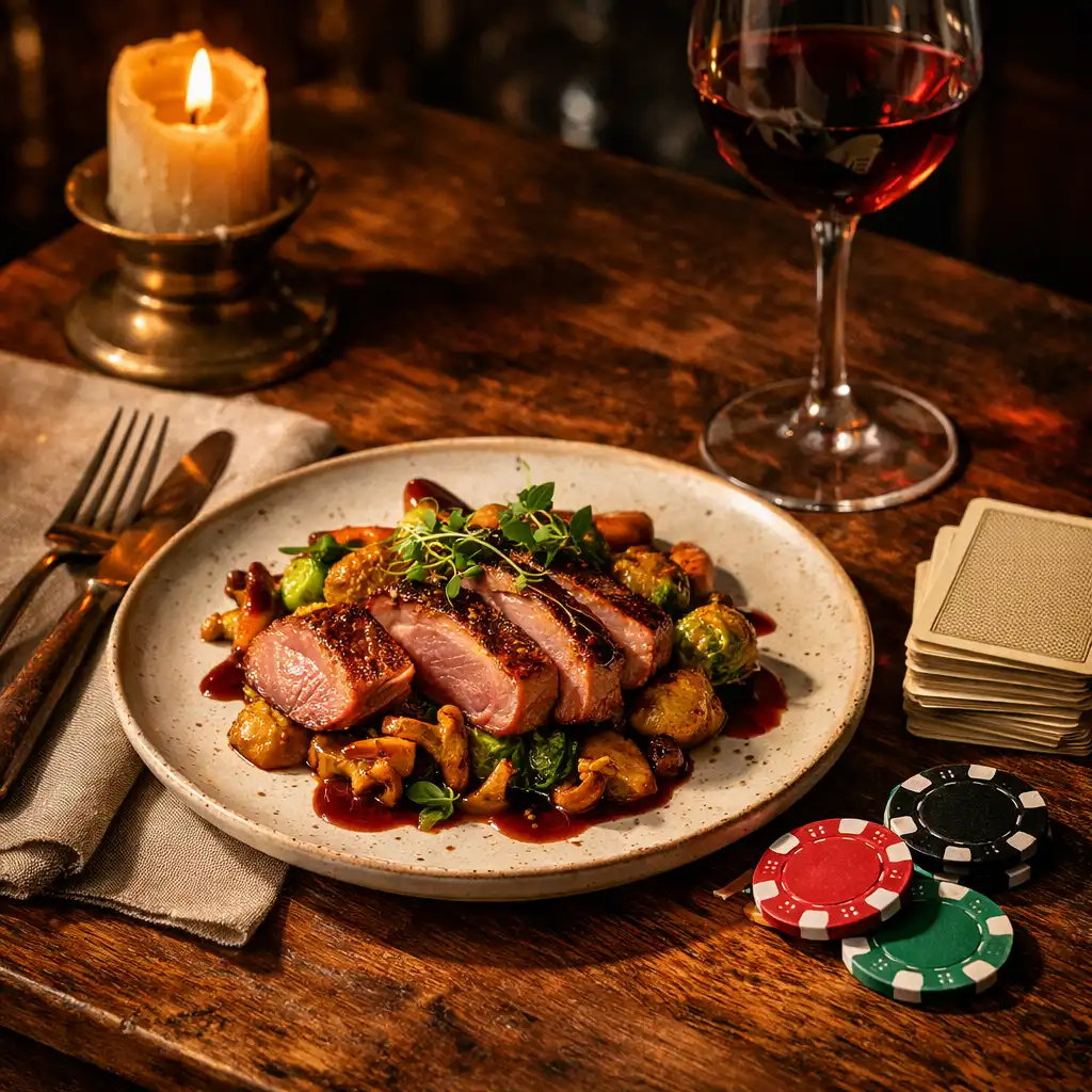 Detal restauracyjnego nakrycia z daniem, świecą, kartami i dekoracyjnymi żetonami pokazowymi