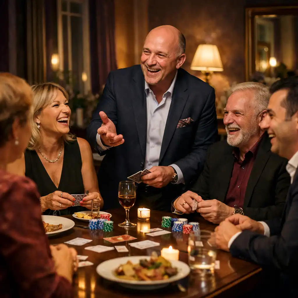 Goście w wieczorowych strojach rozmawiają przy restauracyjnym stole podczas prowadzonego spotkania