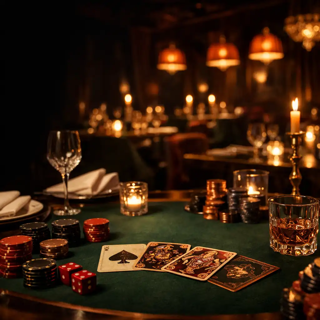 Elegancko przygotowany stół restauracyjny z dekoracyjnymi kartami, żetonami pokazowymi i światłem świec
