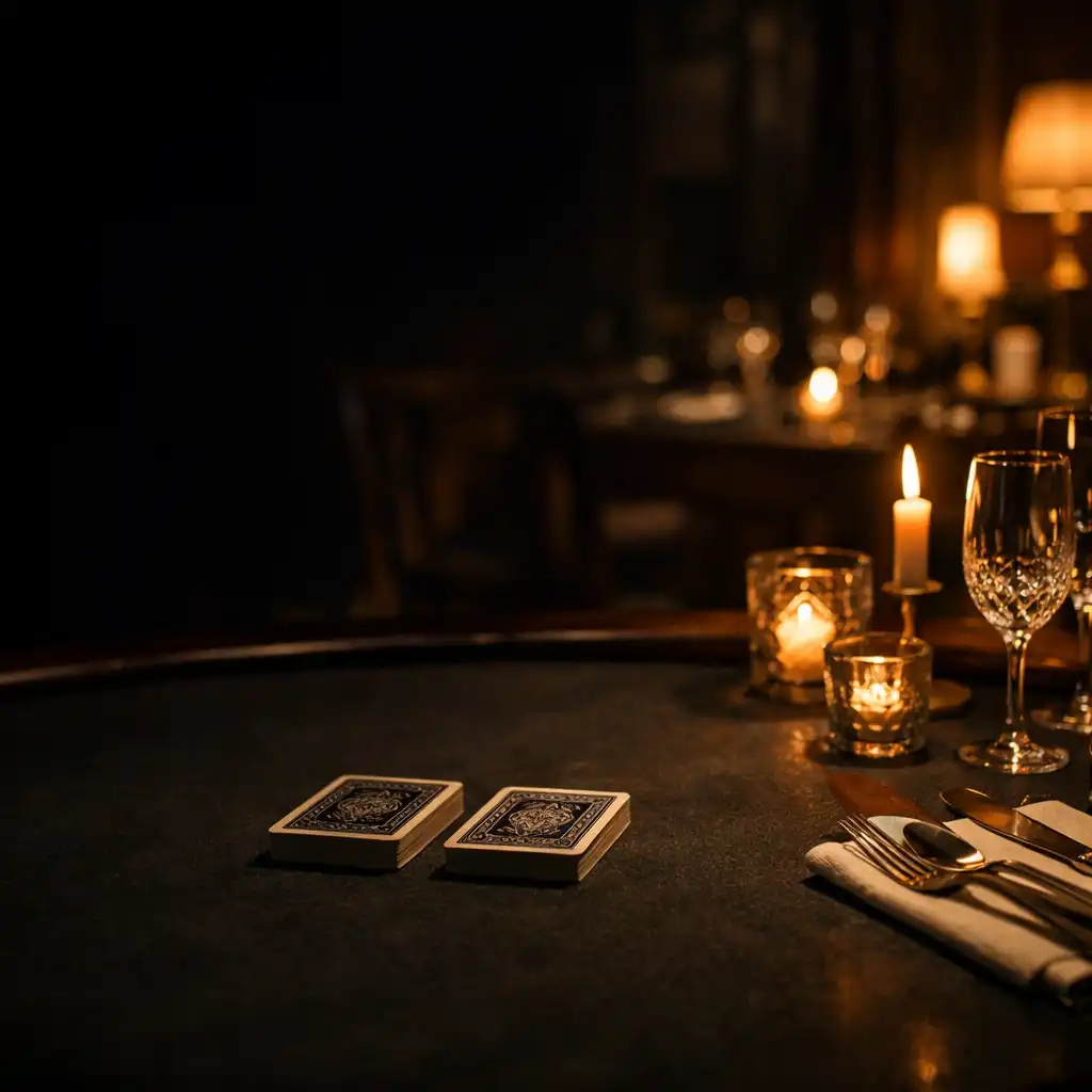 Elegancko nakryty stół w wieczornym wnętrzu restauracji, z kartami i ciepłym światłem świec.